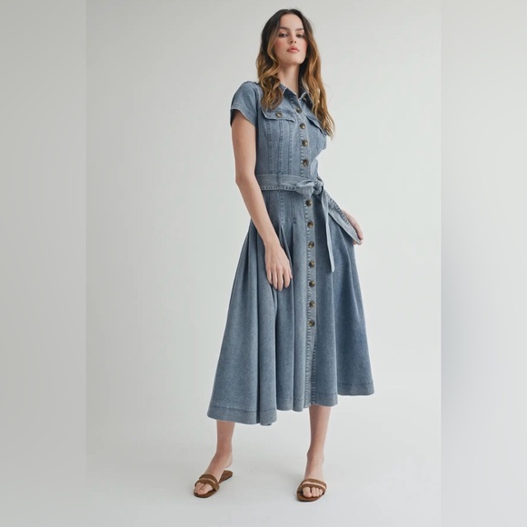 A293. Denim Button-Down Shirt Dress with Belted Waist - Picture 9 of 12